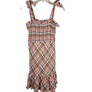 Y2K Retro Style Pink Gold Plaid Strappy Bow Preppy Summer School Smocked Dress M